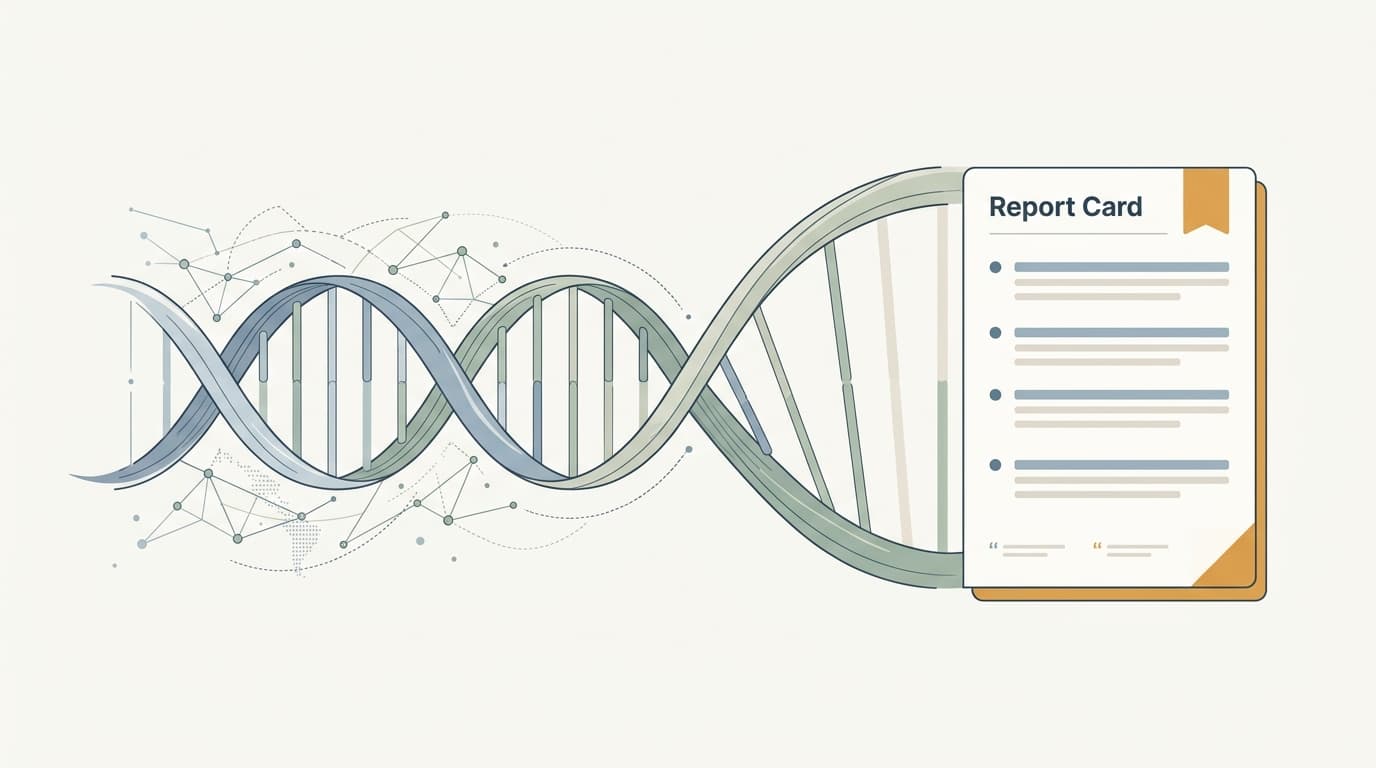 Editorial illustration of a DNA helix flowing into a structured AI report with primary-source citations