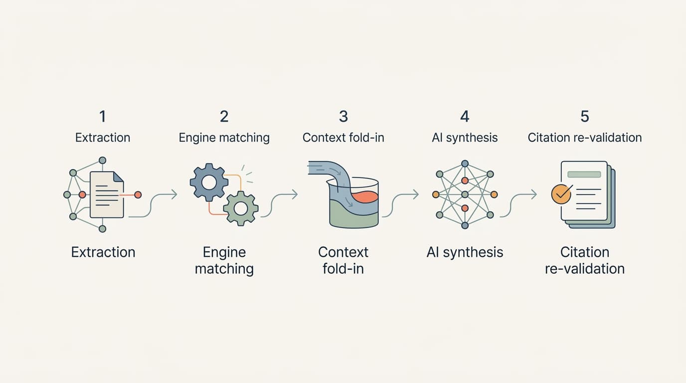 GenoSight five-stage pipeline diagram: extraction, engine matching, context fold-in, AI synthesis, citation re-validation