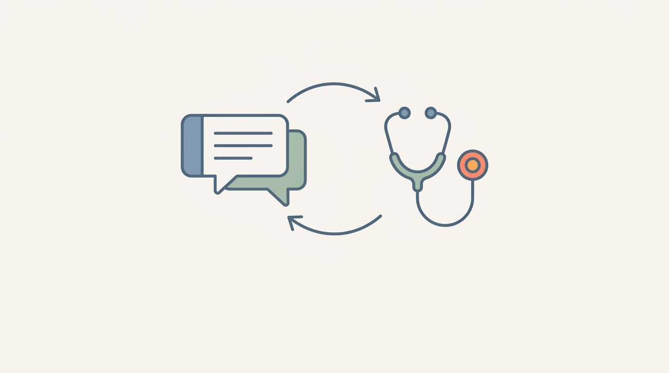 Editorial illustration showing two distinct icons (a chat bubble and a stethoscope) connected by an arrow indicating complementary roles
