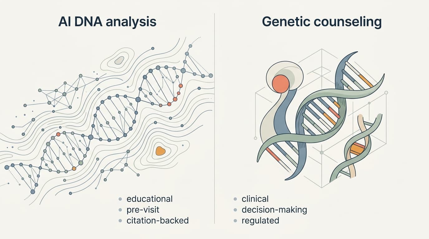 Side-by-side comparison: AI DNA analysis (educational, pre-visit) vs. genetic counseling (clinical, decision-making)