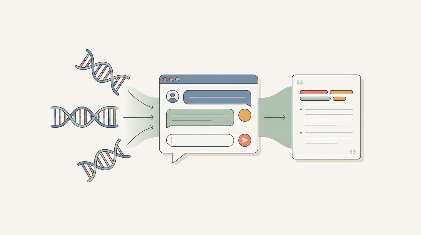 Editorial illustration of a chat interface receiving DNA strands as input and returning a structured answer with citations