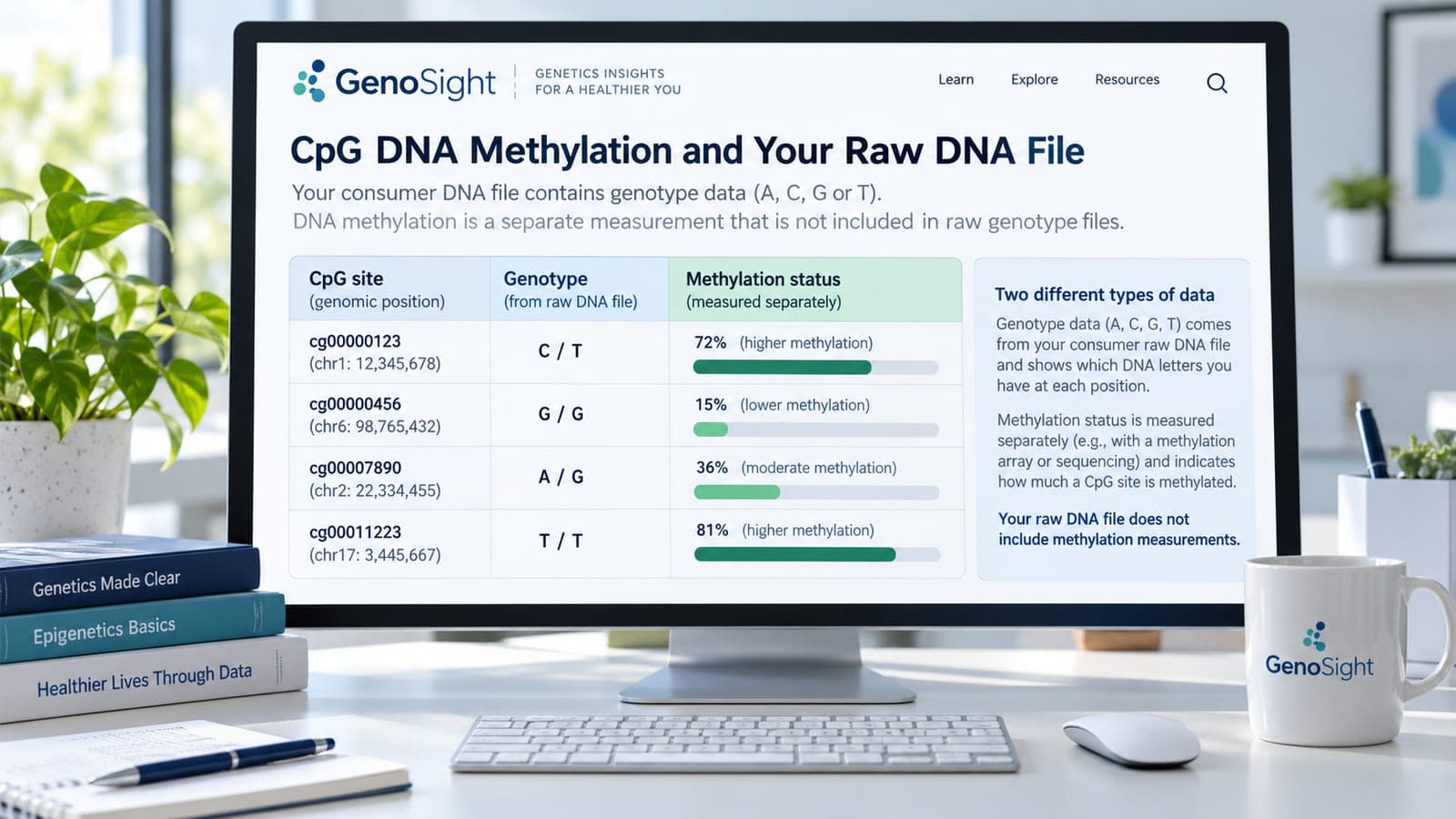 Computer screen comparing genotype calls with separately measured CpG methylation status