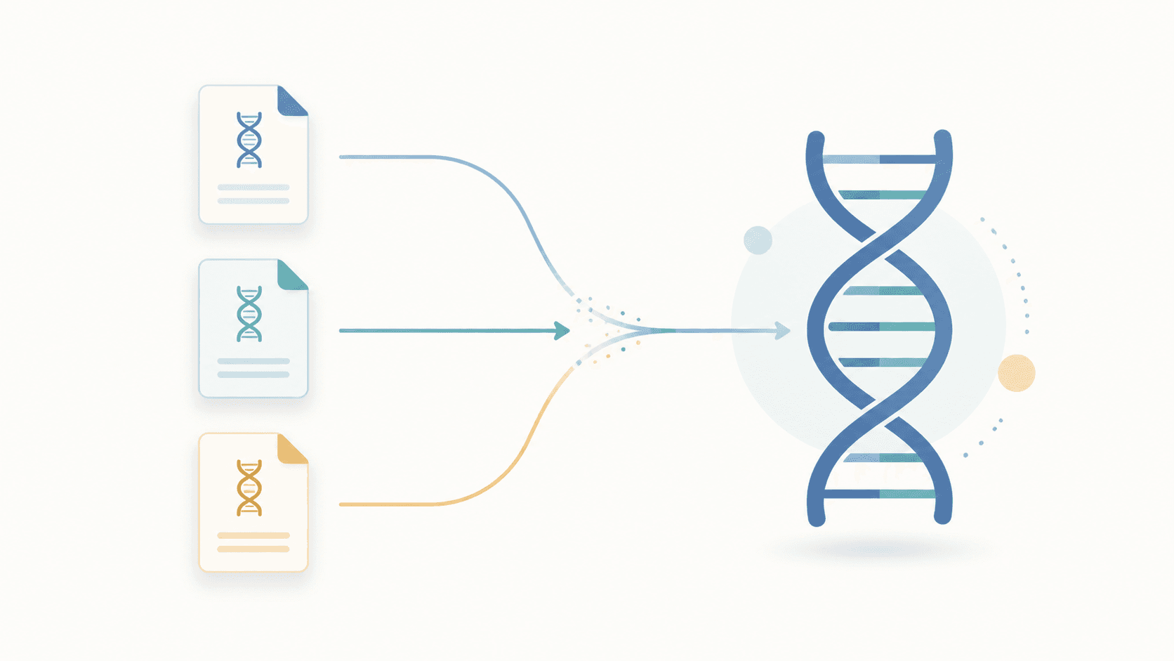 Editorial illustration of three different file icons converging via arrows into a single unified DNA helix