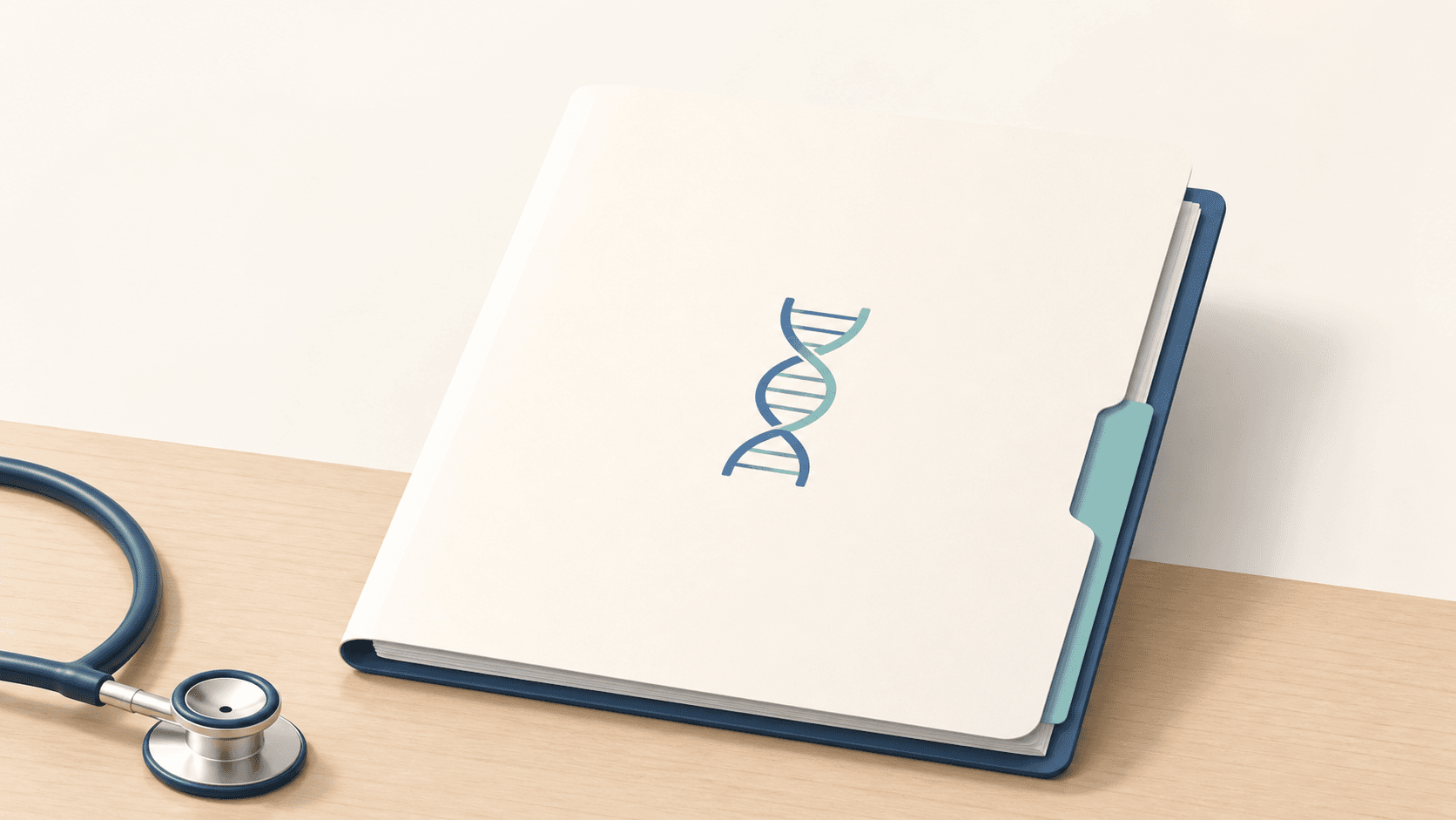Editorial illustration of a clinical folder with DNA glyph next to a stethoscope on a calm desk