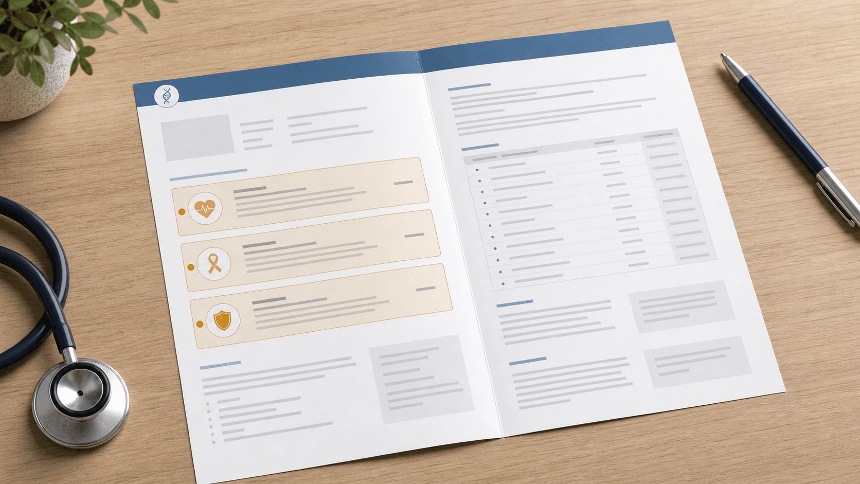 Printed genetic report with three priority findings highlighted on a clinician's desk