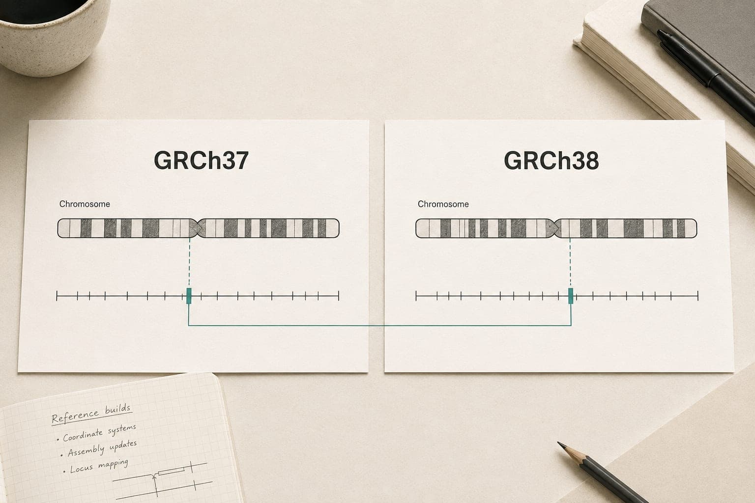 Two illustrative chromosome maps labeled GRCh37 and GRCh38 connect the same locus at different positions.