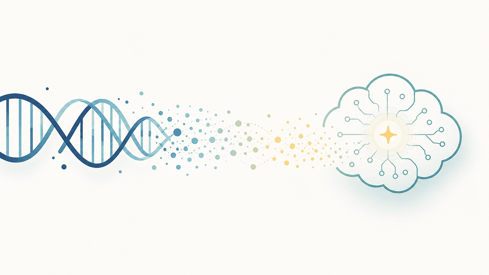 Editorial illustration of a DNA helix dispersing as data particles into an AI brain icon