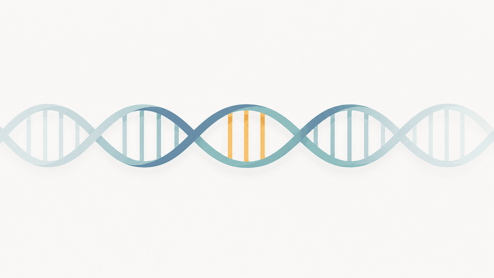 Editorial illustration of a long DNA helix with a single highlighted center segment, the rest fading subtly
