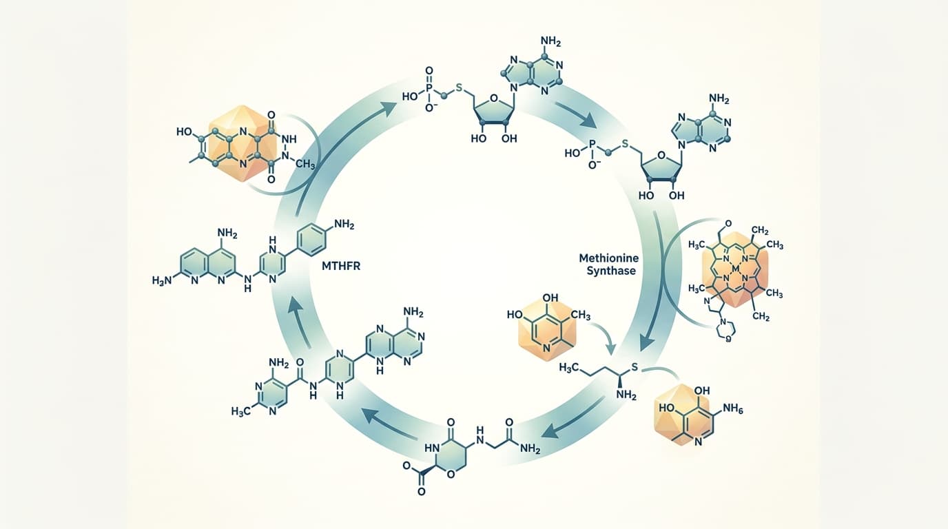 Diagram of the methylation cycle showing folate, B12, B6, and B2 as cofactors