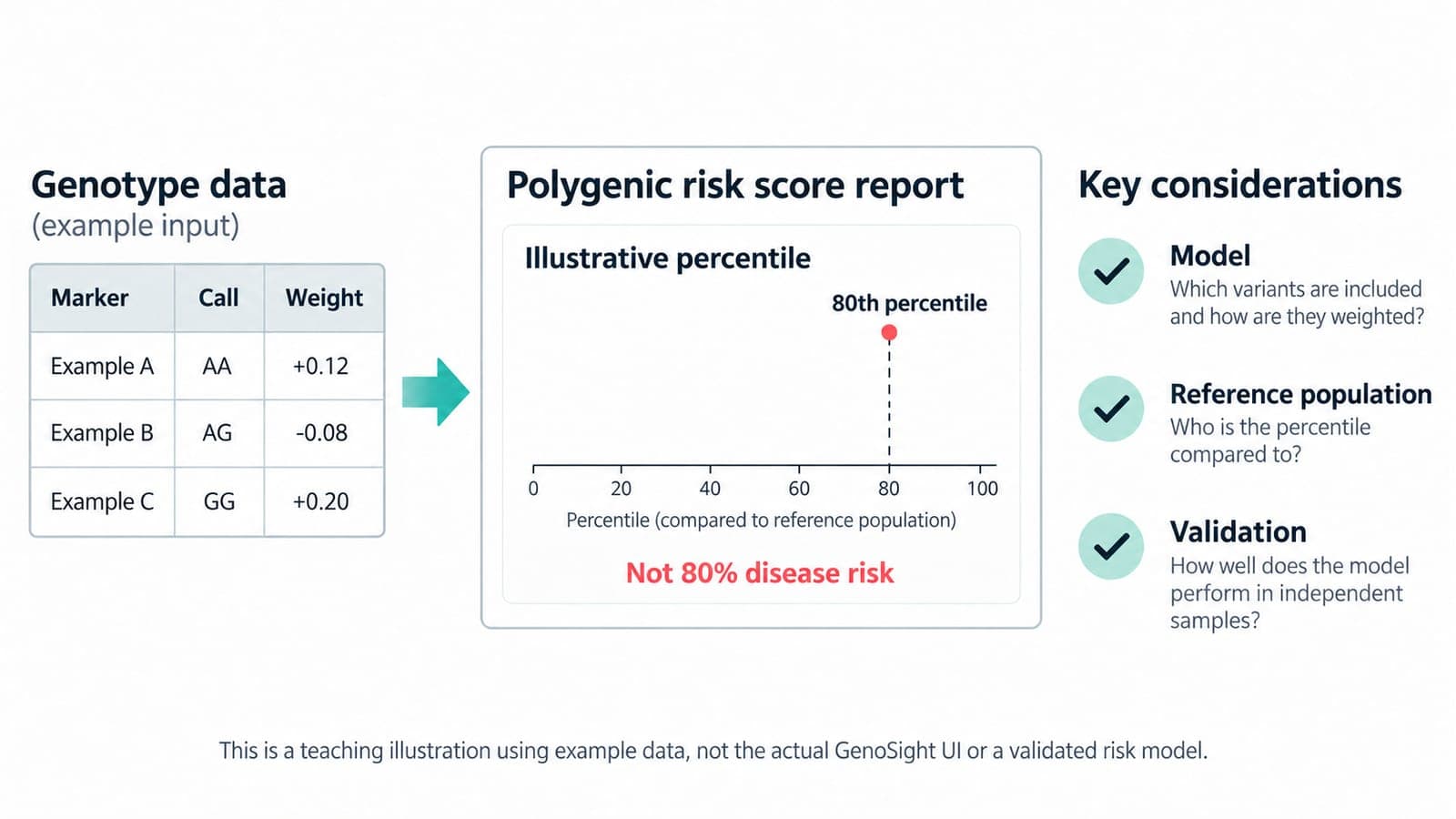 Teaching example linking fictional genotype inputs to an 80th-percentile ranking and checks for model, reference population and validation