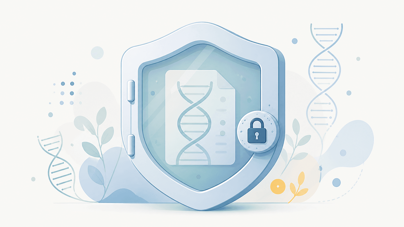 Editorial illustration of a DNA file inside a transparent shield with a padlock, surrounded by soft botanical accents
