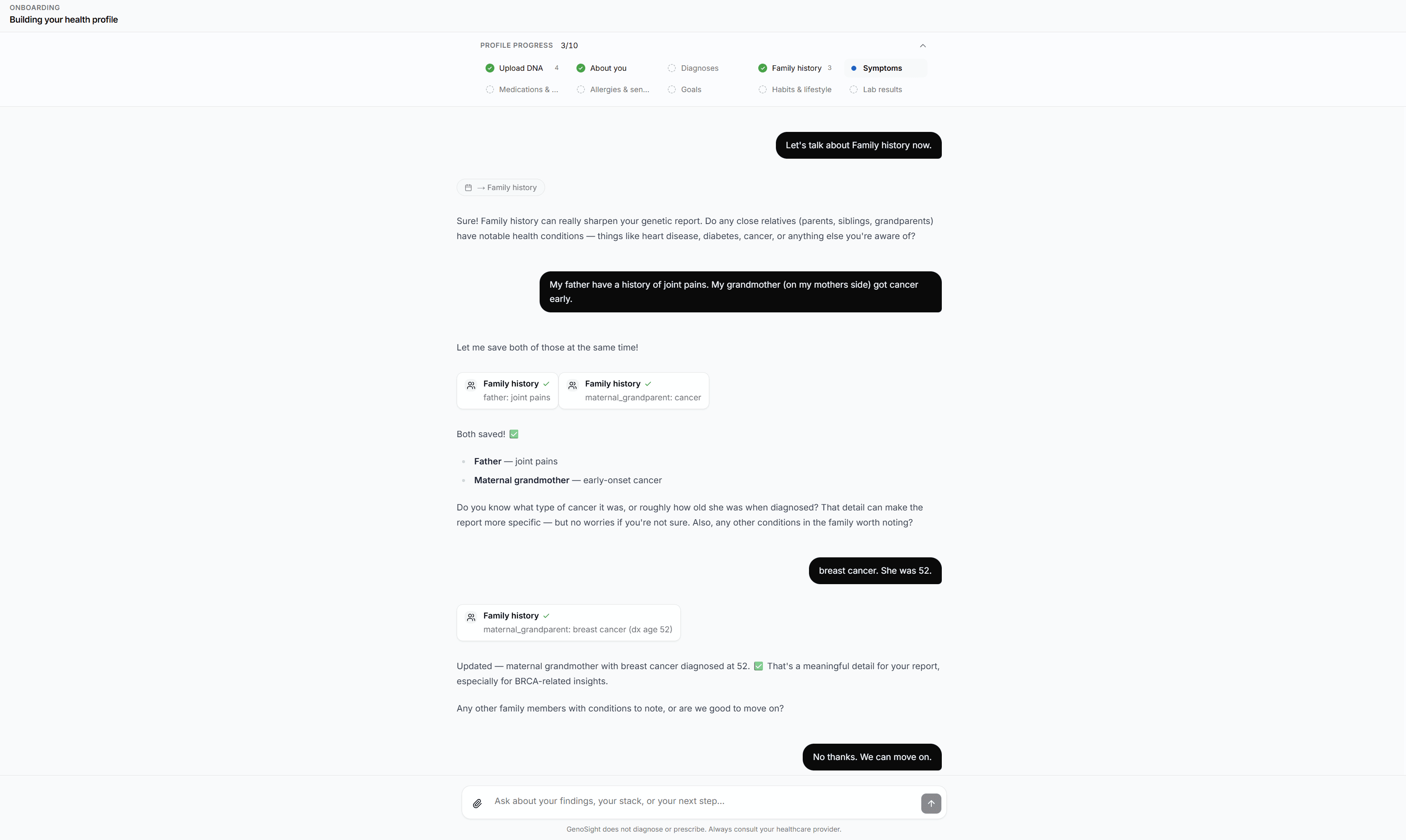 Real GenoSight onboarding chat capturing personal health context, with the 'GenoSight does not diagnose or prescribe' footer visible