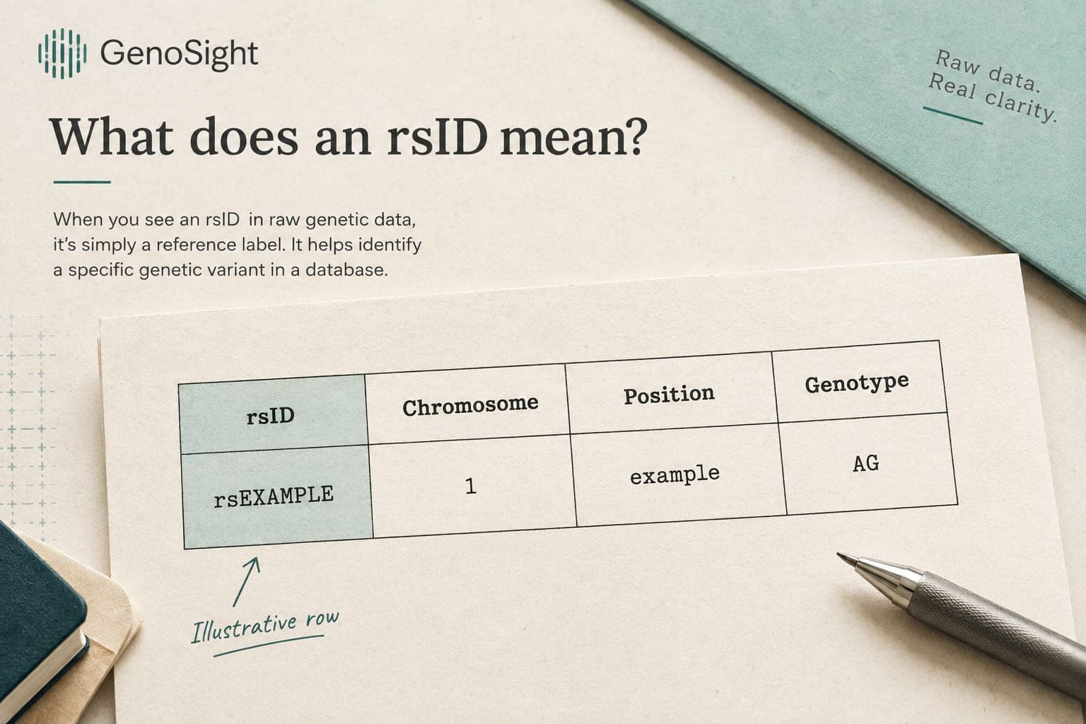 An illustrative raw DNA table separates a fictional rsEXAMPLE marker from chromosome, position and AG genotype.