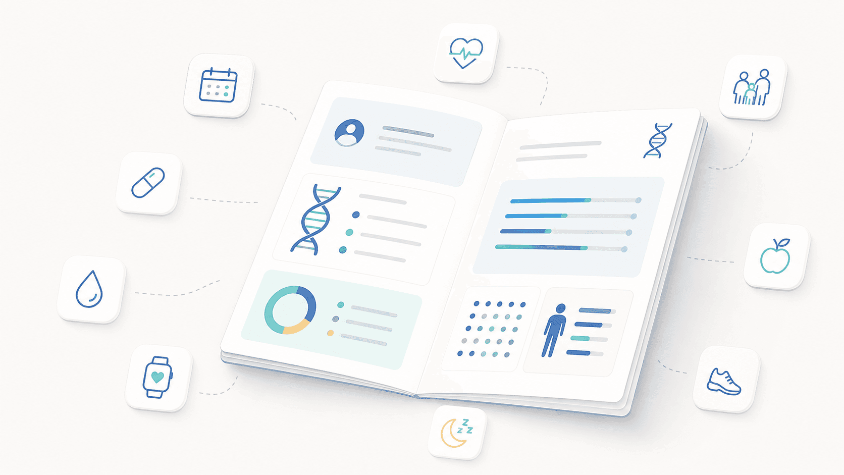 Editorial illustration of an open report book surrounded by floating health-context icons