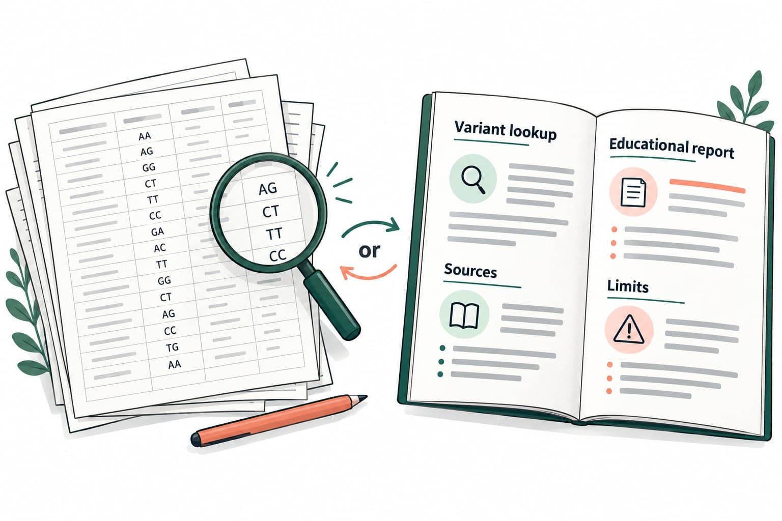 Editorial illustration comparing a variant lookup sheet with an organized educational report