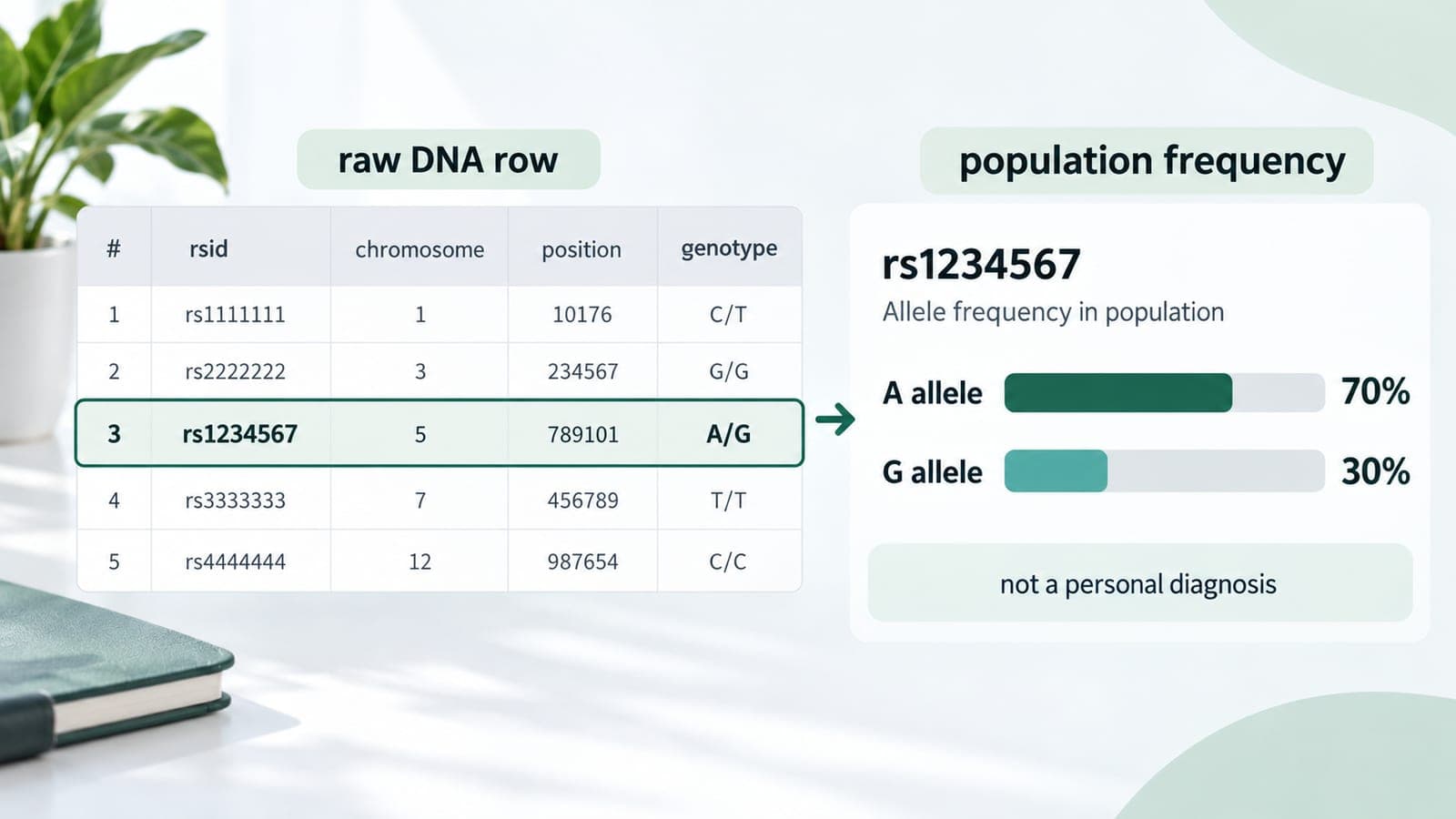 Fictional raw DNA row connected to a population-frequency chart showing allele frequency is not a personal diagnosis