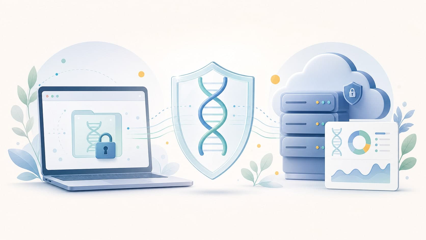 Editorial illustration comparing browser-only DNA analysis on a locked laptop with hosted analysis in a secure cloud report workflow