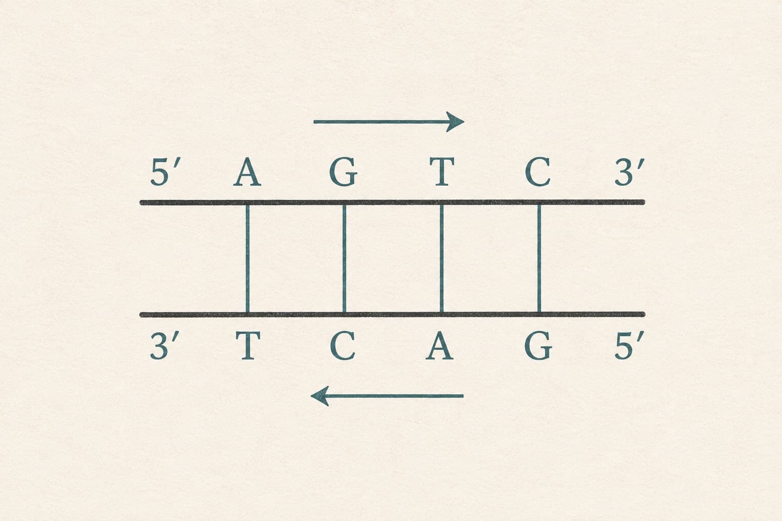 Four paired bases show 5-prime AGTC 3-prime opposite 3-prime TCAG 5-prime with arrows in opposing directions.