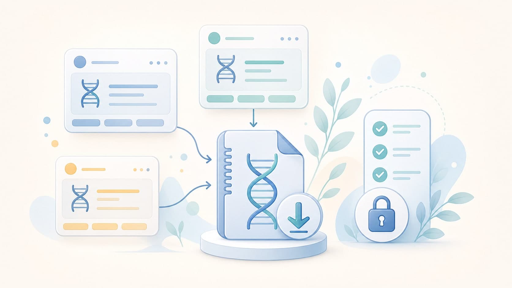 Editorial illustration of raw DNA data being downloaded from generic provider portals into a secure DNA file