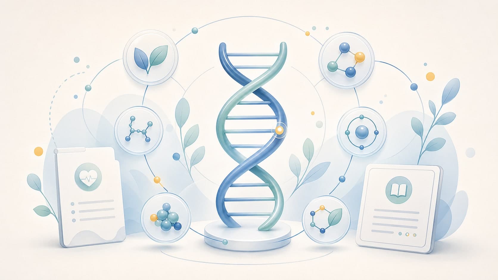Editorial illustration of an MTHFR marker inside a DNA helix connected to folate and methylation pathway symbols