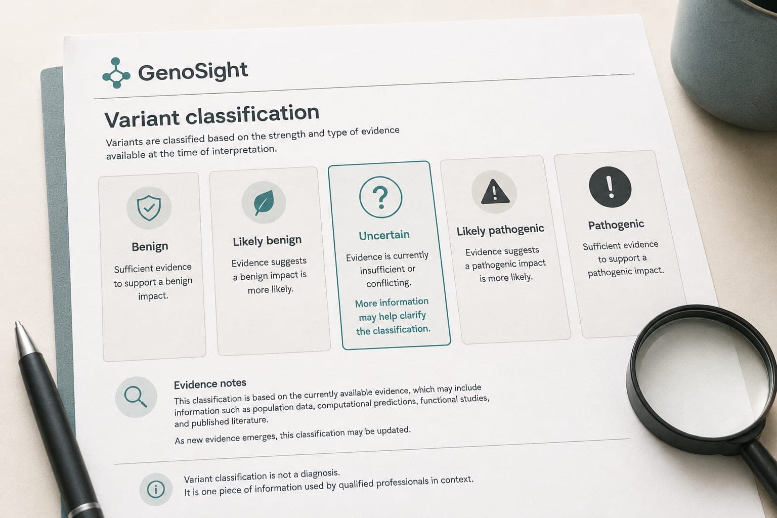 Five variant classification categories with uncertain significance highlighted on an illustrative report.