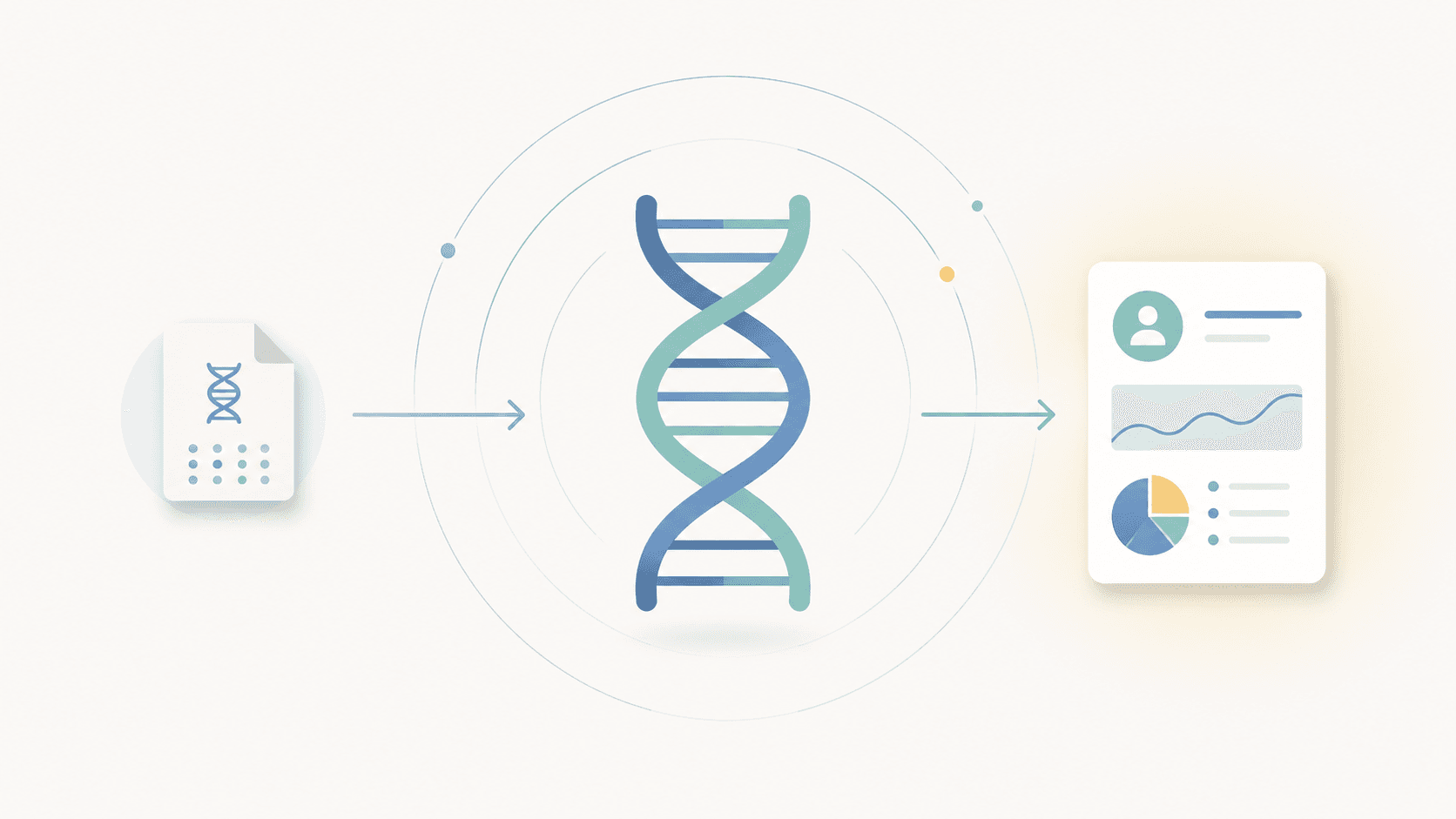 Editorial illustration of a DNA helix flowing from a raw file icon into a structured report card